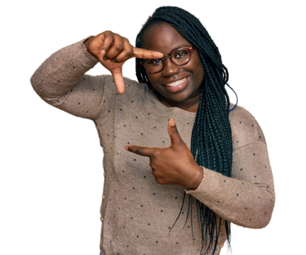 Young black woman with braids wearing casual clothes and glasses smiling making frame with hands and fingers with happy face. creativity and photography concept. - Powered by Adobe