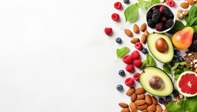 Healthy food background with fresh berries, fruits and nuts. Top view with copy space