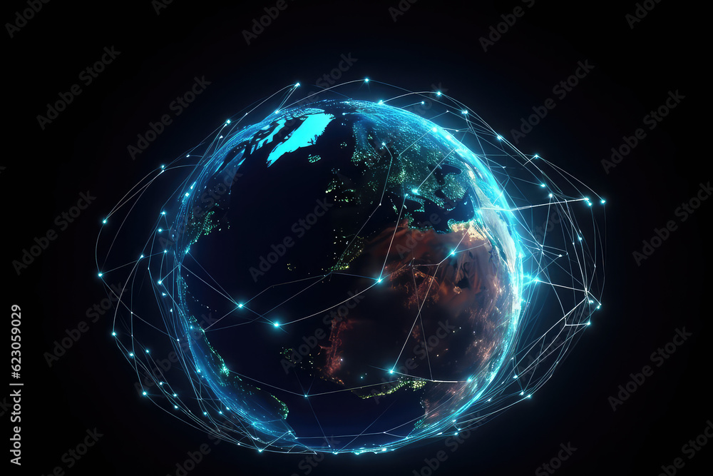 Wall mural a globe of a planet surrounded by neural neon nexus lines, grid and nodes. creative concept of techn