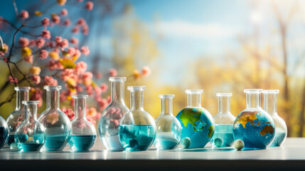 Earth globe as laboratory beaker, World science day for peace and development concept banner wallpaper