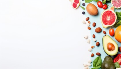 Healthy food background. Assortment of fresh vegetables, fruits and nuts on light blue background. Top view, copy space