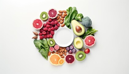 Healthy eating concept. Fresh fruits and vegetables on white background.