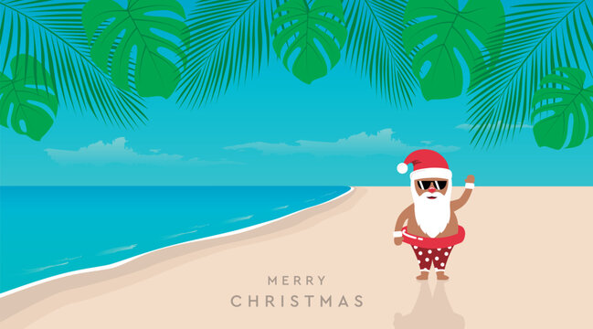 cute santa with sunglasses on paradise beach summer christmas holiday vector illustration EPS10