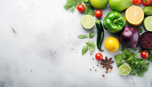 Fresh vegetables and herbs on white background. Top view with copy space