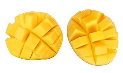 Sliced mangoes on an isolated white background.