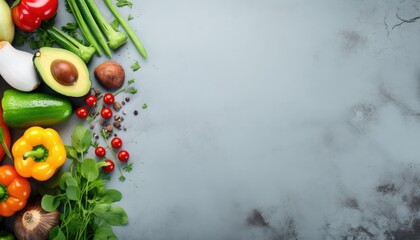 Obraz na płótnie Canvas Fresh vegetables and spicesle background. Top view with copy space