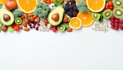Healthy food clean eating selection: fruits, vegetables, cereals, nuts and fruits. Food background