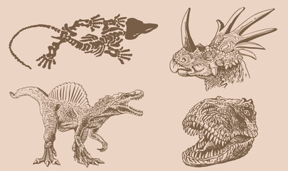 Graphical vintage set of dinosaurs on sepia background,vector illustration,tattoo  designs.