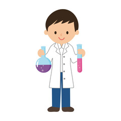 Illustration of a Kid Boy in a Lab Coat Holding a Flask