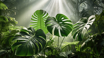 Abstract patterns created by rays of sunlight break through the foliage of tropical plants. Morning in the jungle.
