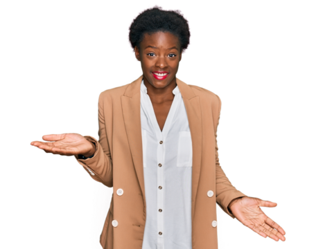 Young african american girl wearing business clothes clueless and confused expression with arms and hands raised. doubt concept.