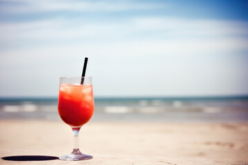 Obraz premium Fresh juice cocktail on the beach. Vacation background. Ai generated