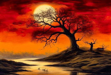 Fototapeta na wymiar Wallpaper of the silhouette of a tree in a red sky, a river next to it, fear and scary