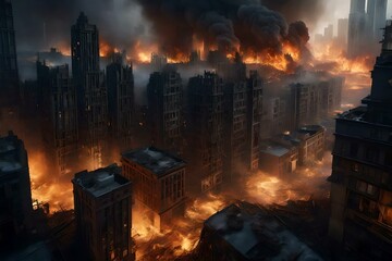 Obraz premium The cityscape is engulfed in a catastrophic event, with fires raging, explosions through the structures, and buildings collapsing in chaos. 