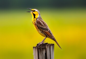 Western Meadowlark perched on a wooden