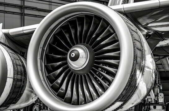 black and white photo of an airplane engine, close up