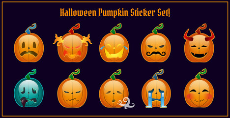 Halloween Pumpkin sticker set with Jack O Lantern emoticon, pumpkin characters, smiles showing different emotions.