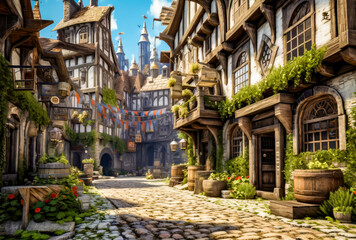 Fototapeta na wymiar medieval town of a medieval castle, view of a stone street