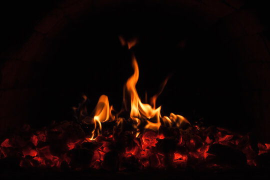 Oven with burning fire. Close-up, Background