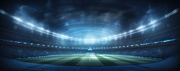 Fototapeta na wymiar Sport football stadium ar arena in night with green grass, vivid spotlights ,