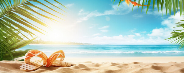 Summer holiday bacground with flip flops on sunny beach and green plams, copy space for text.