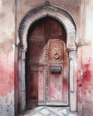 An intricate illustration of a traditional Moroccan door, showcasing vibrant colors and detailed geometric patterns.