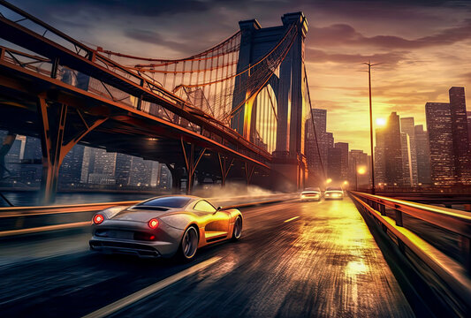 scene with a sport car running in a bridge at sunset