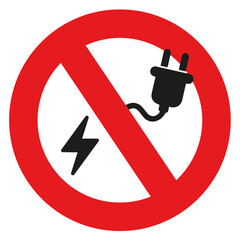 Forbidden round sign with red circle, plug and an electric icon. Prohibits the charging of any electronic devices.