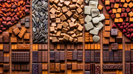 many different kinds of chocolates are arranged, top view, sweet,