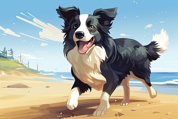 happy dog border collie on the beach in summer illustration Generative AI - obrazy, fototapety, plakaty