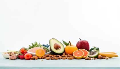 Healthy food background with fruits and vegetables on wooden table, copy space