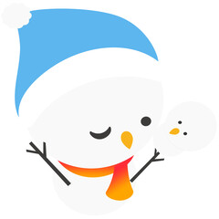 Merry Christmas with Snowman wearing Blue Santa Hat and Scarf Character icon clipart cartoon