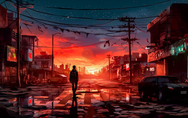 Scene of a destroyed city in anime style, with the sky red, a person walking alone in the street