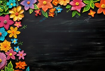 Colorful flowers on the blackboard drawing