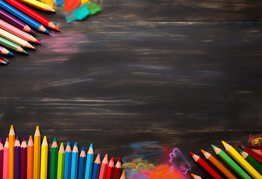 Colorful crayons on the blackboard drawing