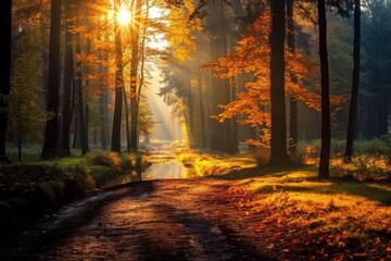 autumn forest nature Bright morning in a colorful forest with sunlight shining through the branches of trees. natural scenery with sunlight