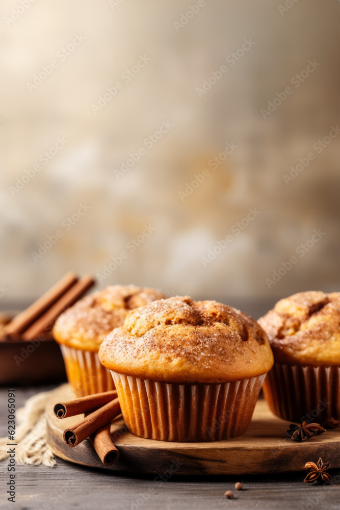 Poster Homemade muffins with cinnamon on a wooden background. Selective focus.