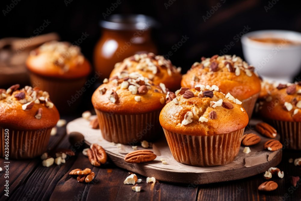 Sticker Muffins with nuts and honey on a wooden background. Selective focus.