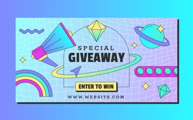 Retro vaporwave giveaway horizontal banner. Social media story design template with loudspeaker, planet and rainbow stickers in 90s vintage style. Computer window with prize drawings announcement.