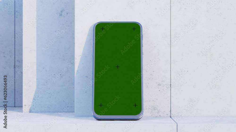 Aufkleber camera movement towards the phone. phone on a concrete table. green chroma key with crosses on the p