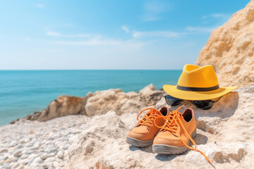 Straw hat and shoes with summer beach landscape. Ai generated