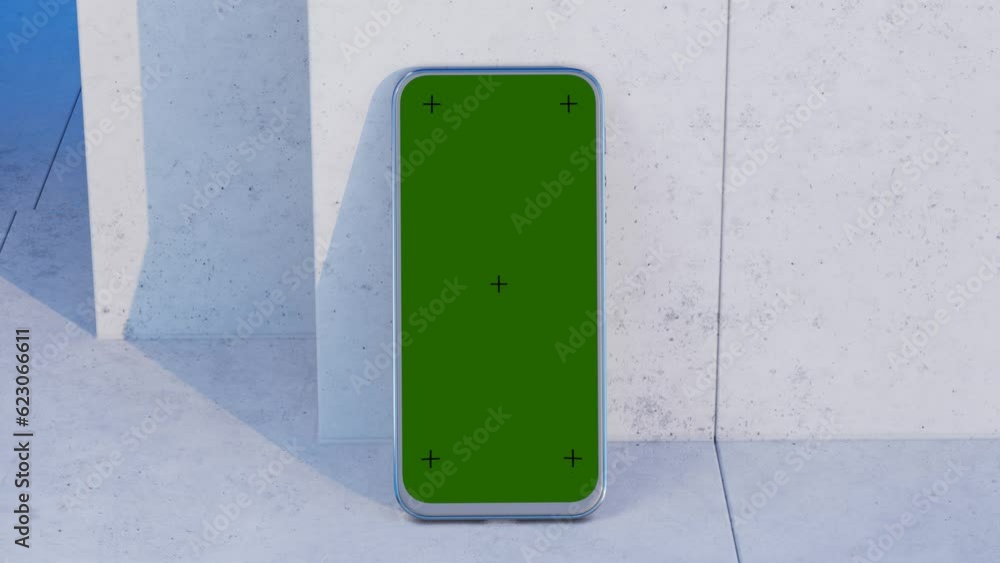 Aufkleber camera movement towards the phone. phone on a concrete table. green chroma key with crosses on the p