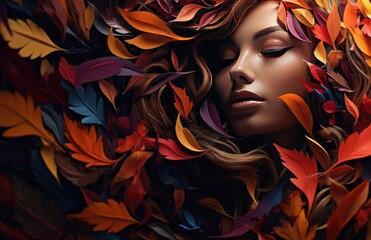 Background of a beautiful woman surrounded by colorful leaves, an ideal illustration to represent autumn. Creative AI
