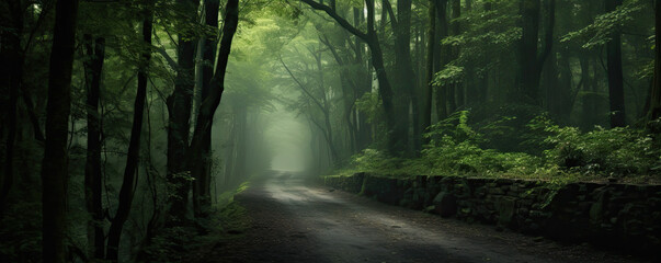 View of path through misty fog forest, Forest road concept.