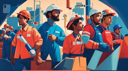 illustration that depicts workers from different professions coming together in solidarity on Labor Day - obrazy, fototapety, plakaty