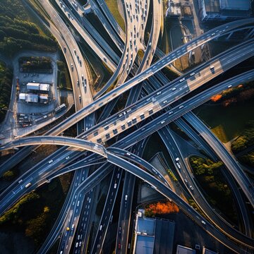 A grid of criss-crossing highways, overpasses and ramps. Aerial shot. Great for stories about transportation, traffic, urbanism, congestion, self-driving cars and more. 