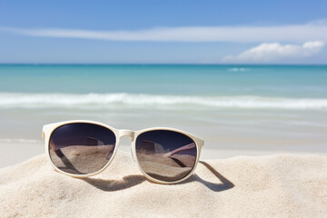 Fototapeta na wymiar Sunglasses and beach landscape, summer vacation background. Ai generated