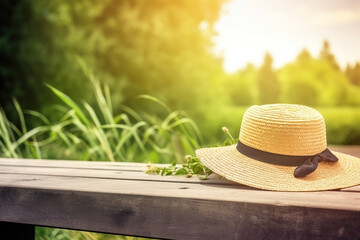 Straw hat on the background of nature. Ai generated