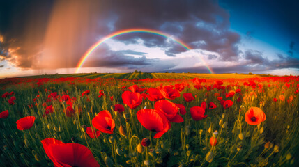 A rainbow on a field of poppies in the countryside, generative AI