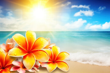 Fototapeta na wymiar Tropical flowers and the beach landscape. Summer background. Ai generated